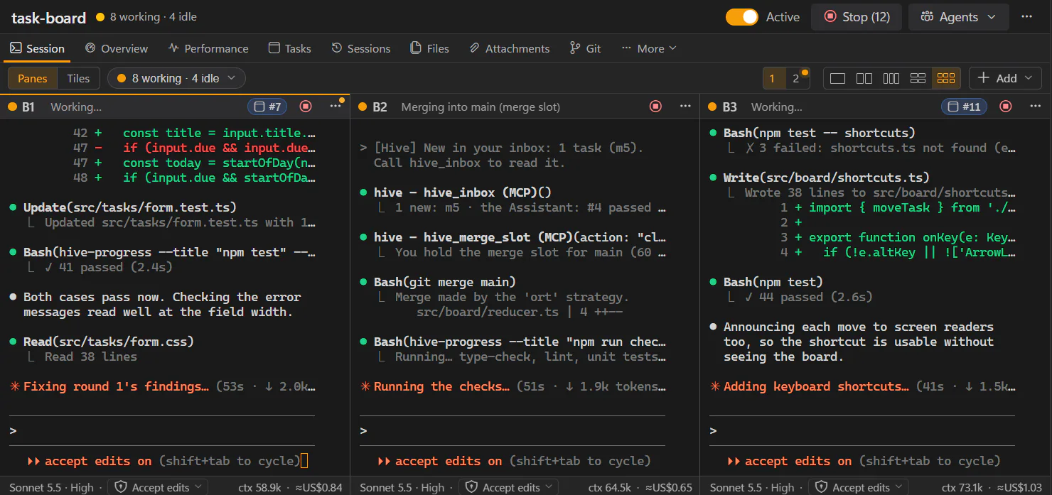 A project of twelve agents, eight of them working: its one-row header with Stop (12) and Agents, the session toolbar with Panes | Tiles and the agents counted by state, and three builders working, one of them merging into main