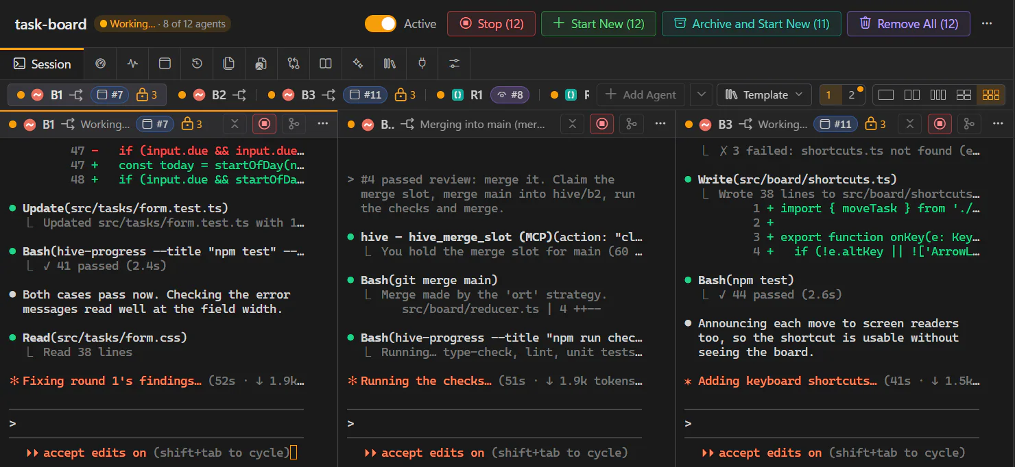 A project of twelve agents, eight of them working: its header with Stop (12) and the other batch buttons, the agent tabs with their card numbers, and three agents working, one of them merging into main