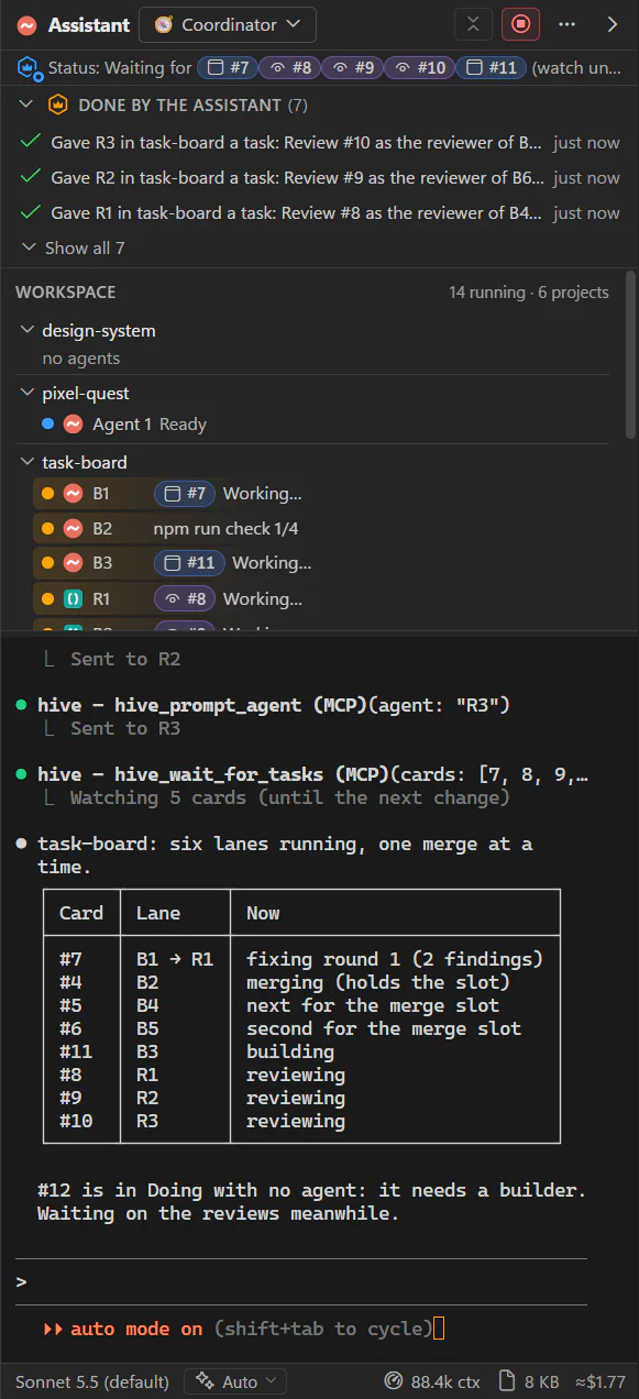 The Hive Assistant's panel: its status, waiting for five cards; every agent in the workspace with its card and what it is doing; a status table of the lanes; and the actions it took