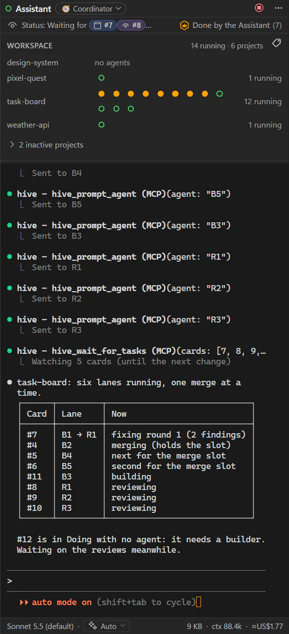 The Hive Assistant's panel: its mode and the cards it is waiting for, a line per project with a mark for each running agent, and a status table of the lanes it started