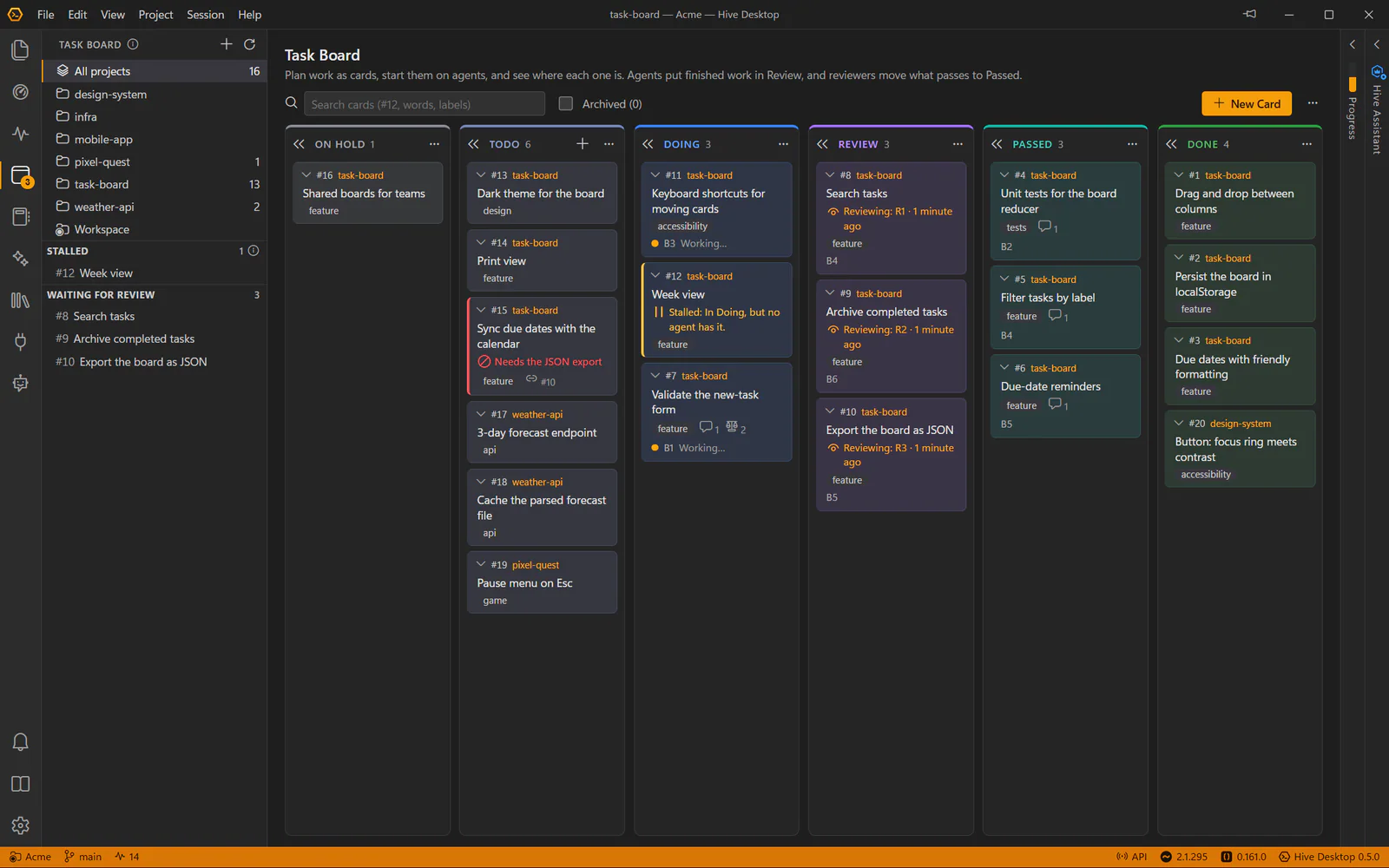 The task board with On Hold, Todo, Doing, Review, Passed and Done columns: cards with their agents, three under review by Codex reviewers, a stalled card and a blocked one