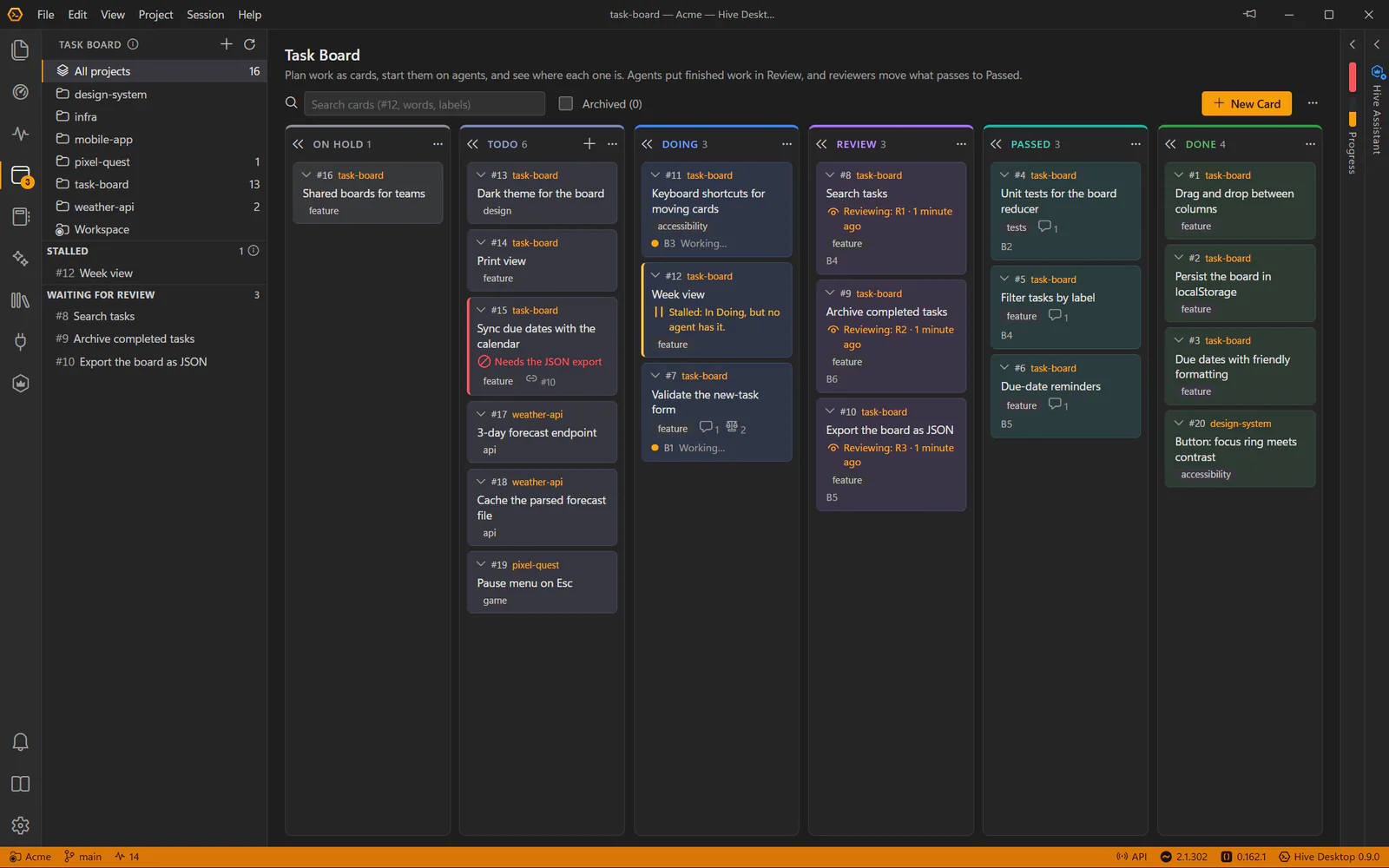The task board with On Hold, Todo, Doing, Review, Passed and Done columns: cards with their agents, three under review by Codex reviewers, a stalled card and a blocked one