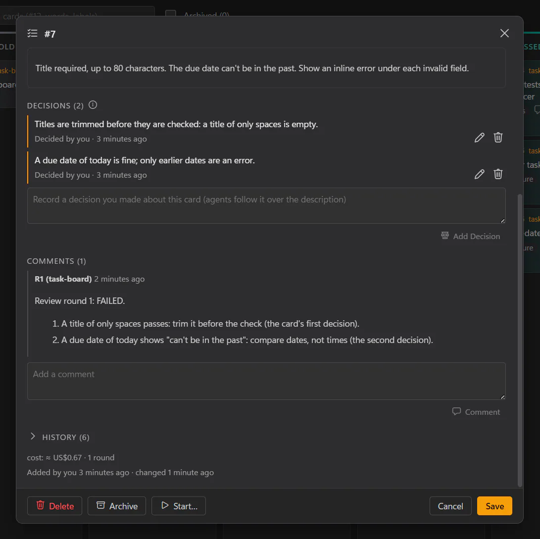 A card's dialog: its description, two decisions pinned above the comments, and a reviewer's failed review with two numbered findings
