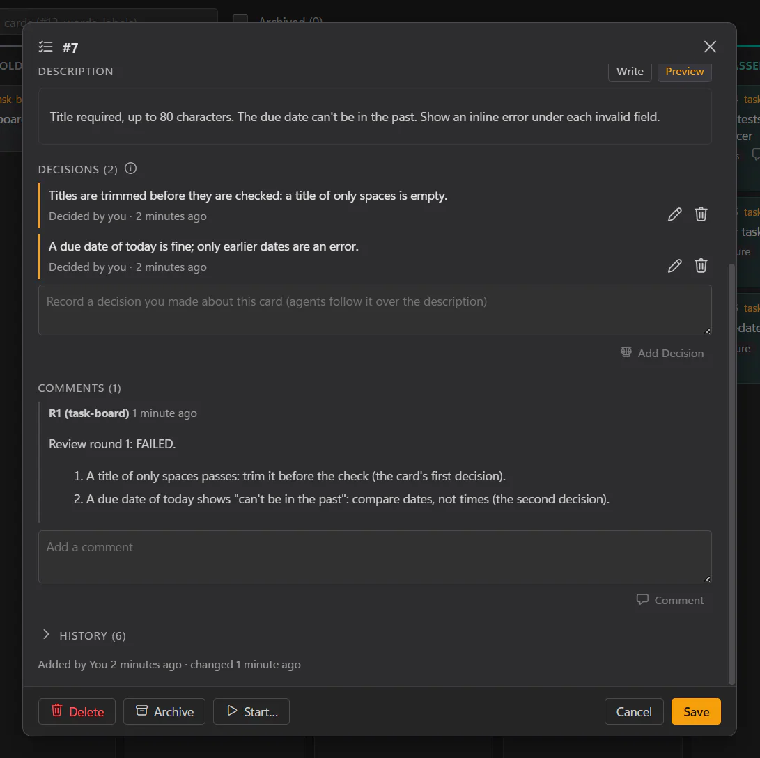 A card's dialog: its description, two decisions pinned above the comments, and a reviewer's failed review with two numbered findings