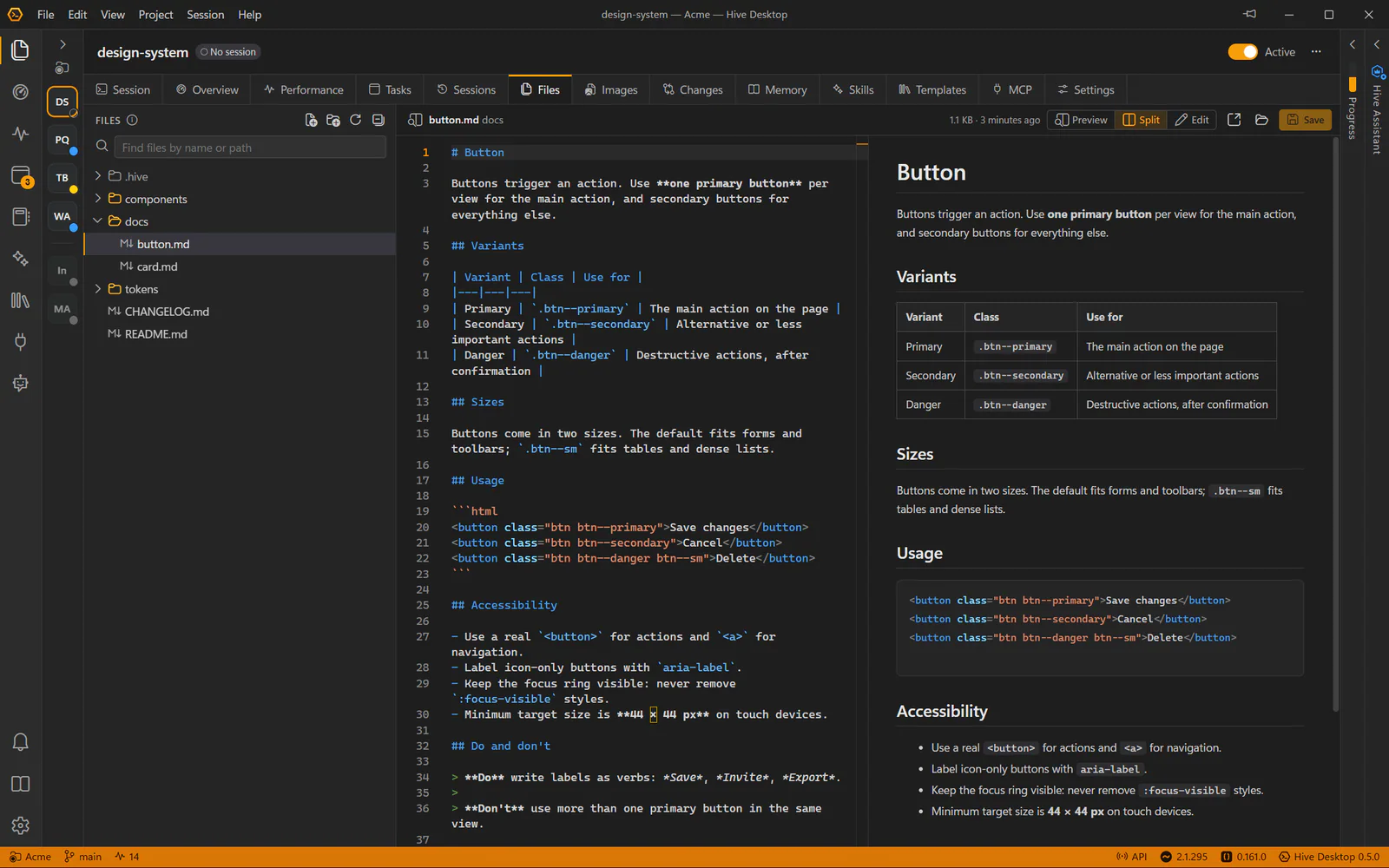 The Files tab with a Markdown document open in split view: source on the left, preview on the right