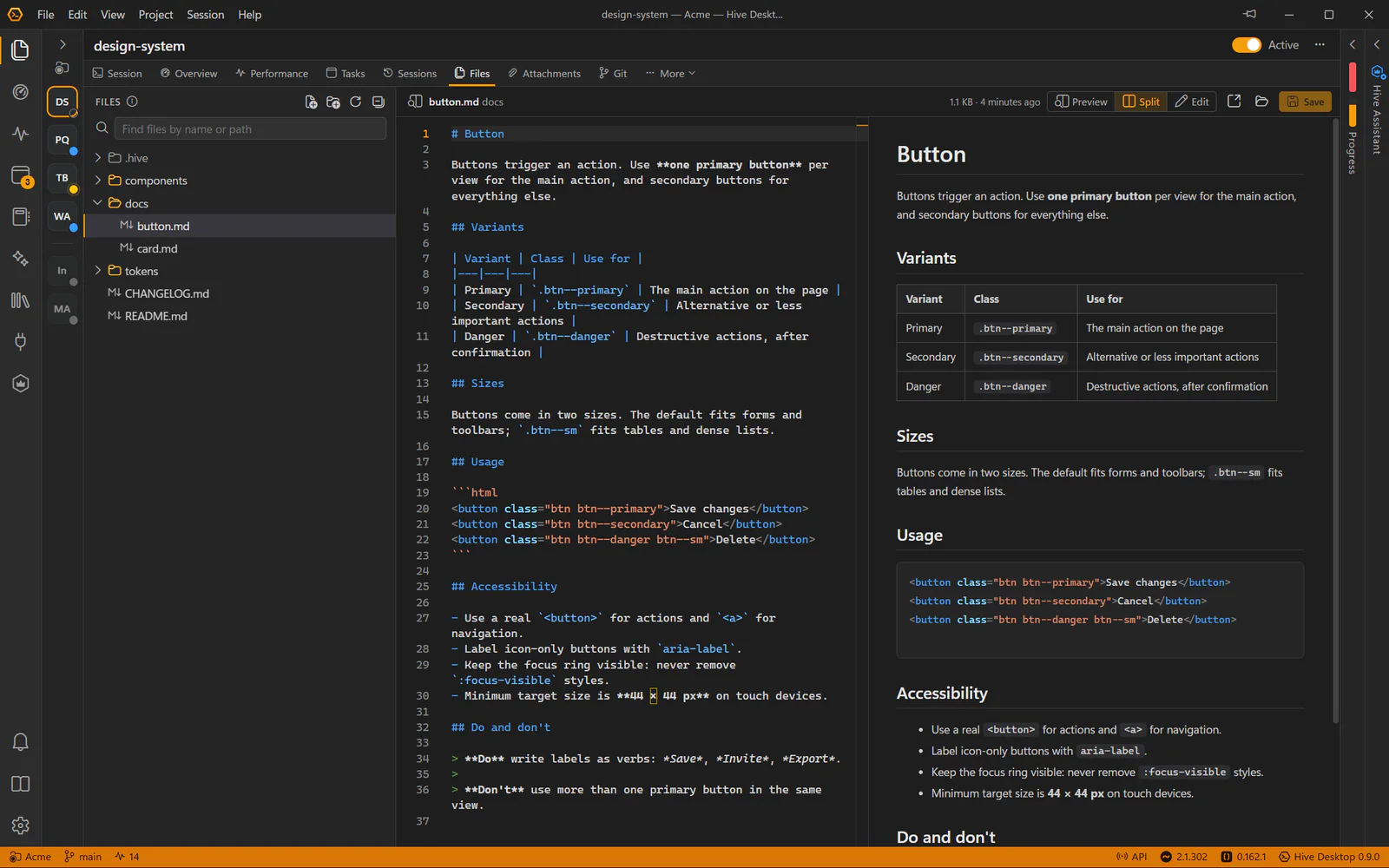 The Files tab with a Markdown document open in split view: source on the left, preview on the right