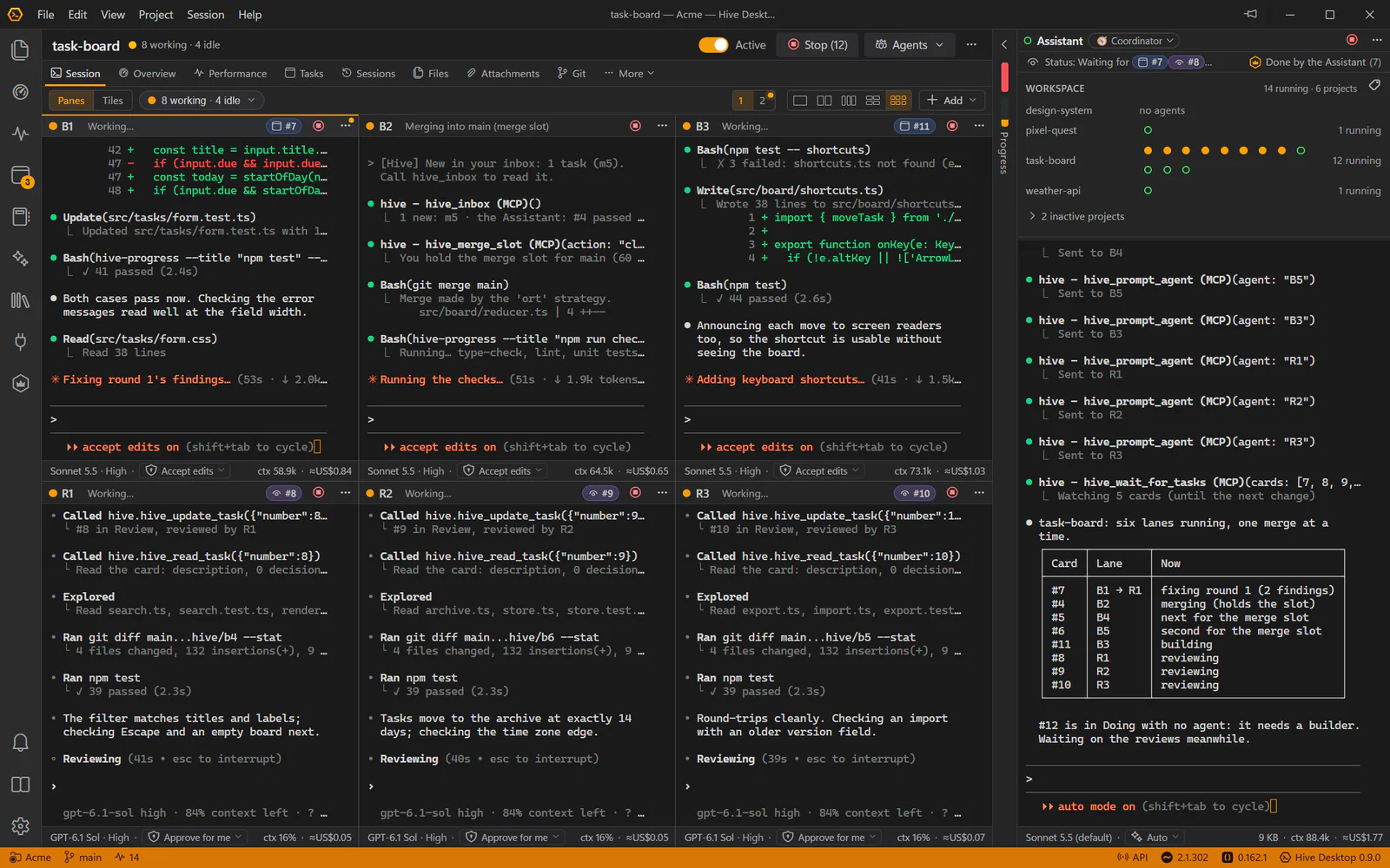 Hive Desktop in Panes: six of a project’s twelve agents in a grid, three Claude Code builders above three Codex reviewers, each on a card, one merging into main, and the Hive Assistant’s panel beside them