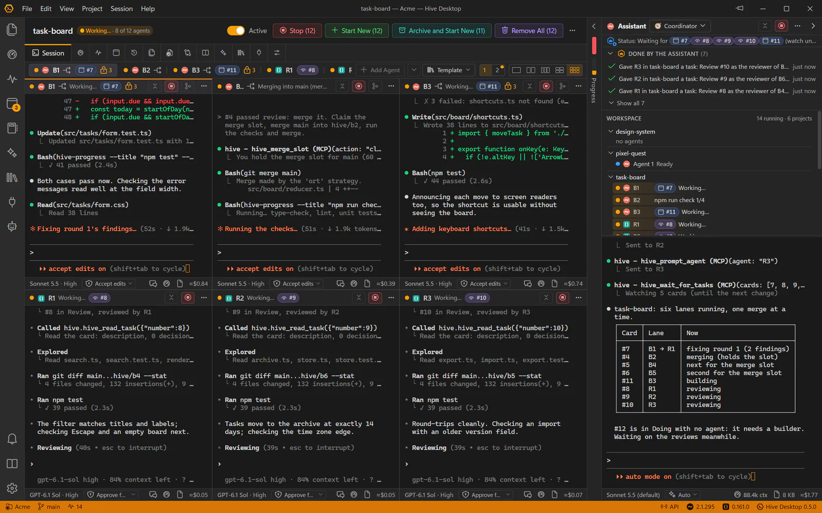Hive Desktop with six of twelve agents working in a grid of six on one project, three Claude Code builders above three Codex reviewers, each with its card number, and the Hive Assistant beside them in Coordinator mode, waiting for five cards