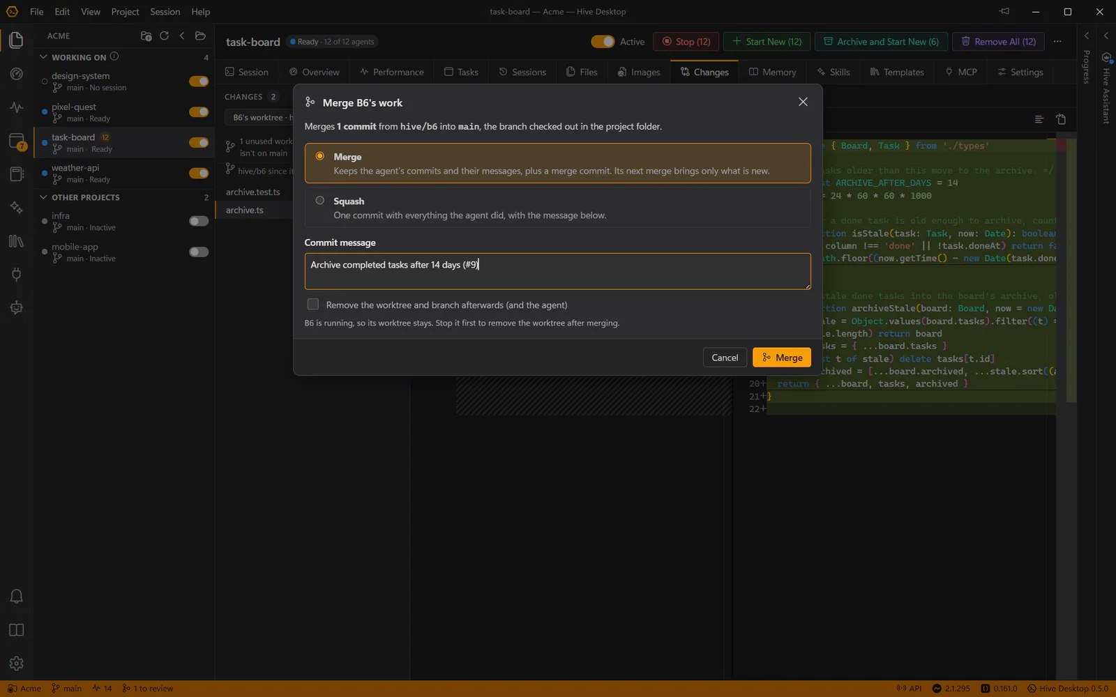 The Changes tab on a builder's worktree, with the Merge dialog open: one commit to merge into main