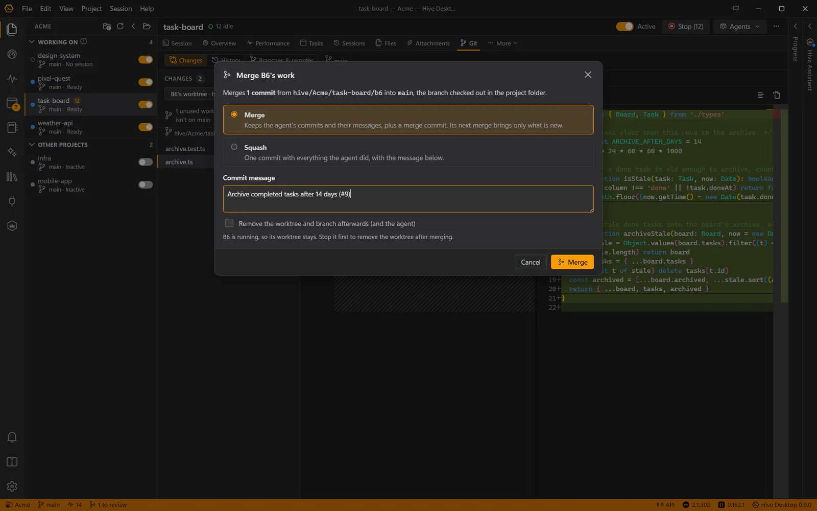 The Changes tab on a builder's worktree, with the Merge dialog open: one commit to merge into main