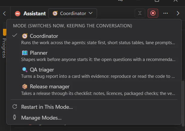 The Hive Assistant's mode menu: Coordinator, Planner, QA triager and Release manager, each with what it puts first