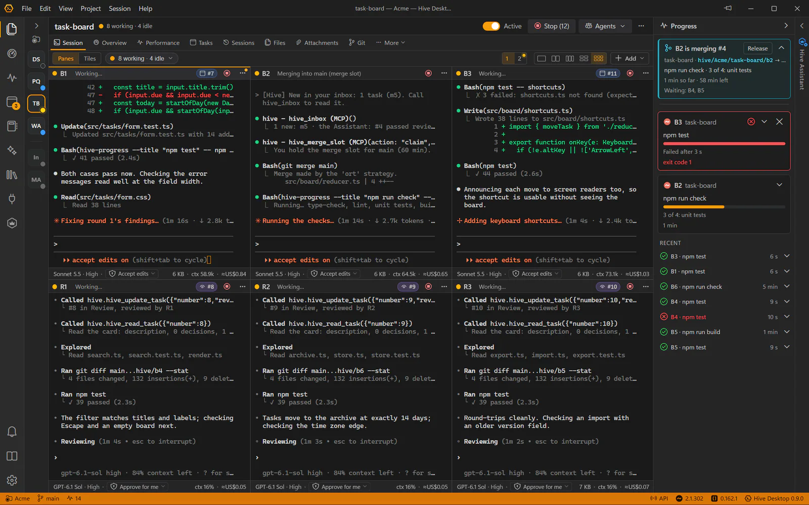 Hive Desktop's Progress panel beside six working agents: one agent merging with the merge slot while two wait, a failed test run, checks at step 2 of 4, and recent runs