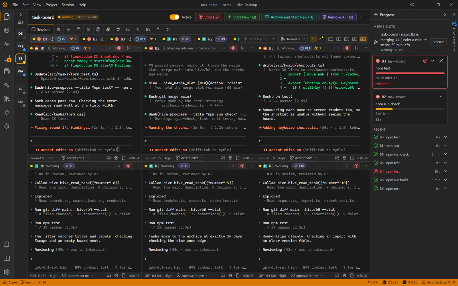 Hive Desktop's Progress panel beside six working agents: one agent merging with the merge slot while two wait, a failed test run, checks at step 2 of 4, and recent runs