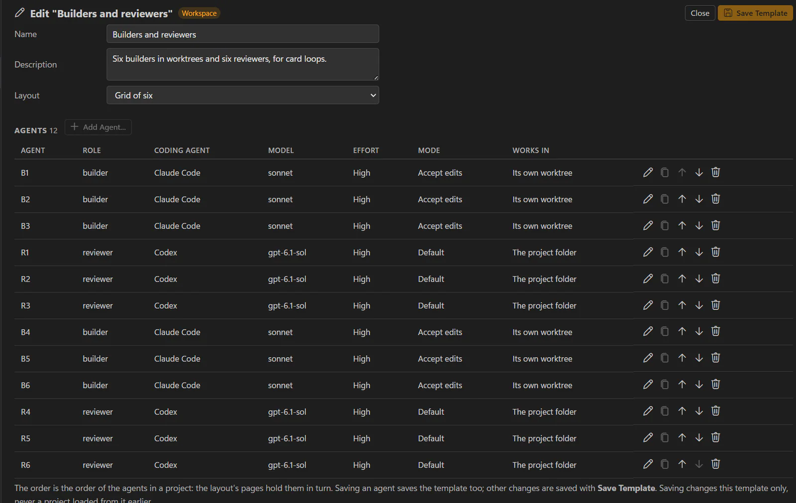 Editing the "Builders and reviewers" template: twelve agents, six Claude Code builders in their own worktrees and six Codex reviewers in the project folder, in a grid of six