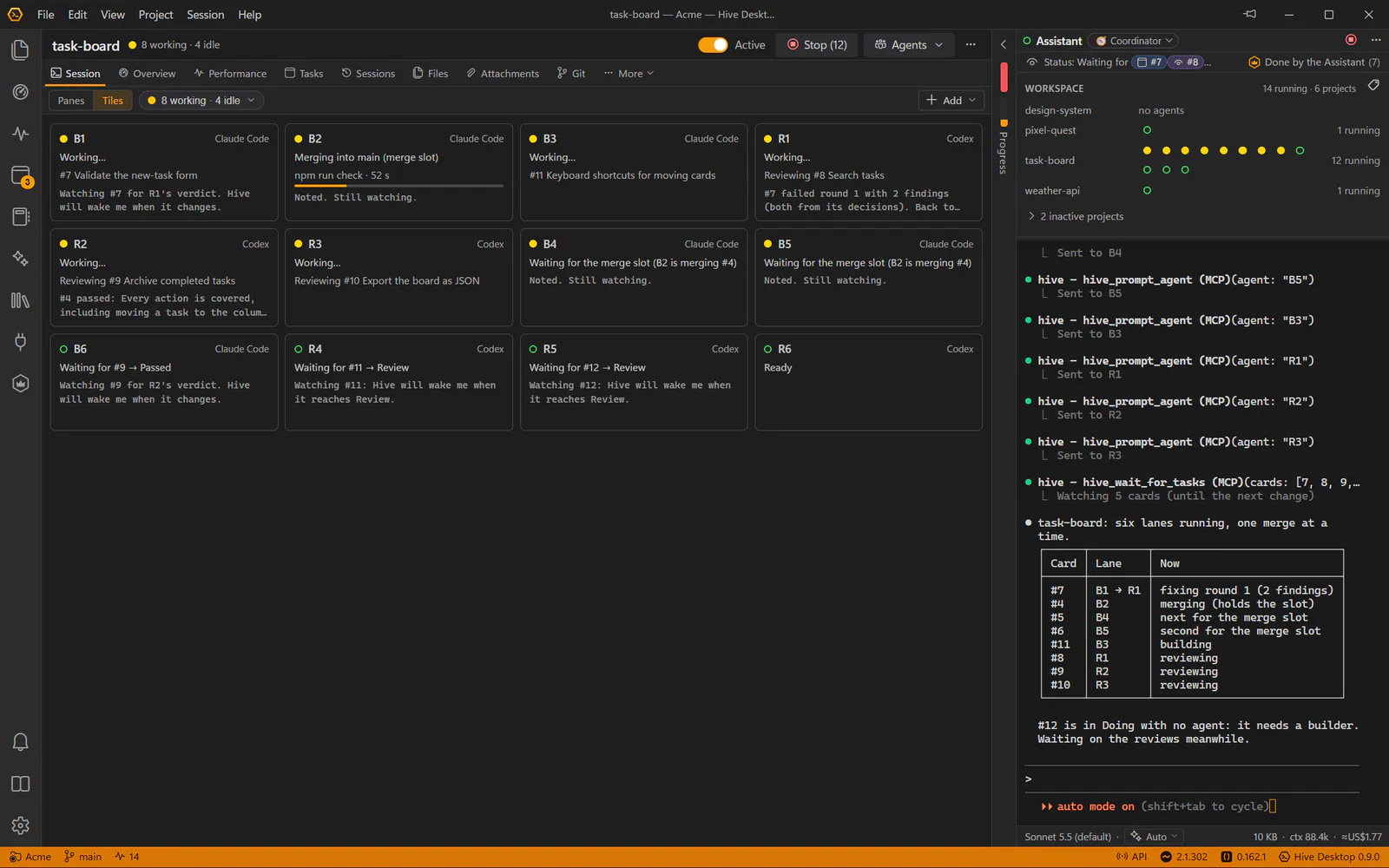Hive Desktop in Tiles: the same twelve agents as tiles, each with its state, provider, status, card and the start of its latest reply, one merging into main and two waiting for the merge slot, beside the Hive Assistant’s panel